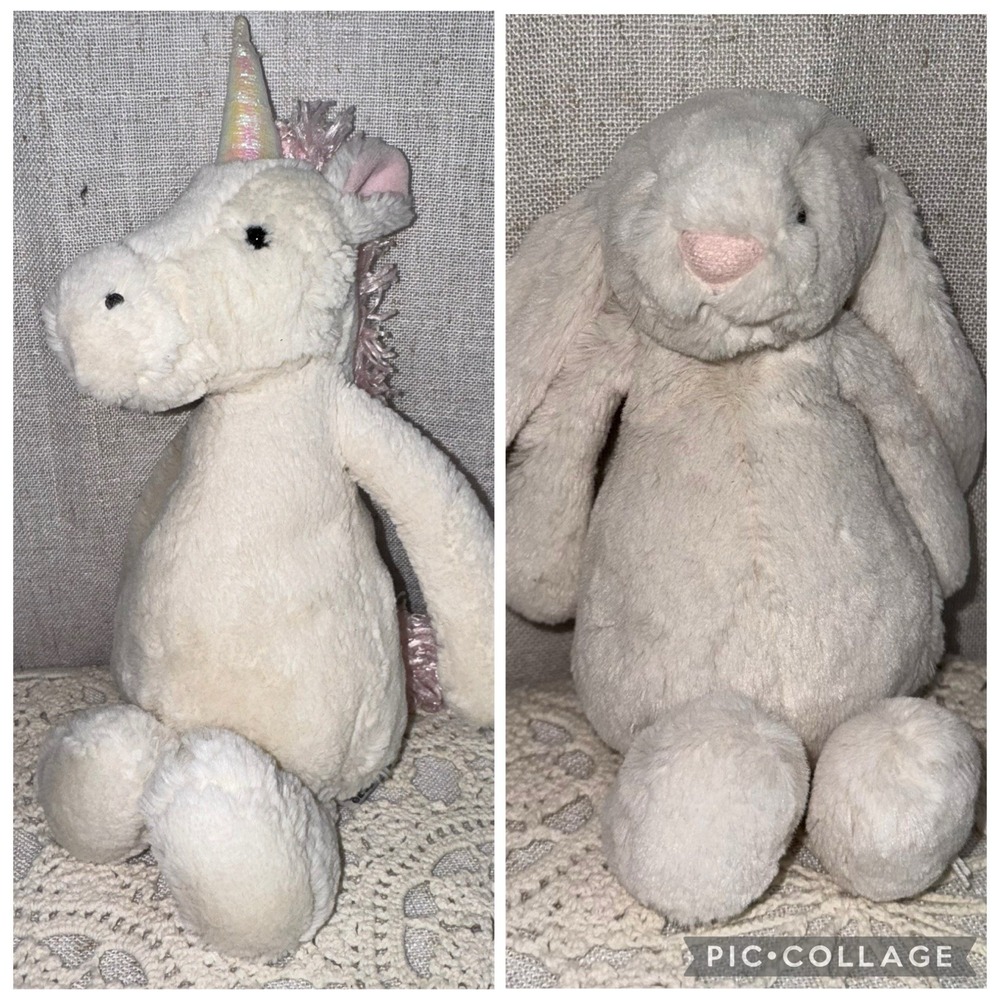 Jellycat Bashful Bunny White Rabbit Small 8" + Unicorn 13" Plush Stuffed Animal